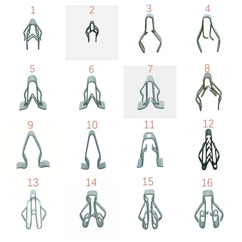 A set of sixteen universal metal trim panel fastener clips shown in various forms and angles.