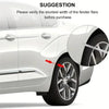 A close-up view of a white car fender with a suggestion pointing to the shortest width of the fender flare before purchase.