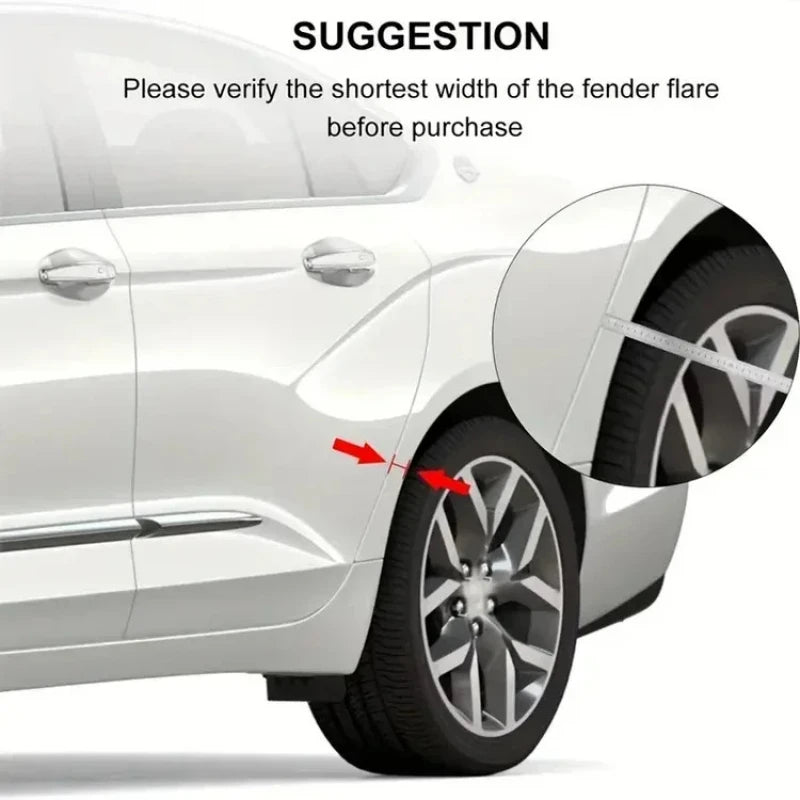 A close-up view of a white car fender with a suggestion pointing to the shortest width of the fender flare before purchase.