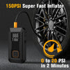 A black 150PSI super fast inflator device is shown connected to a tire, demonstrating rapid inflation from 0 to 20 PSI in 2 m