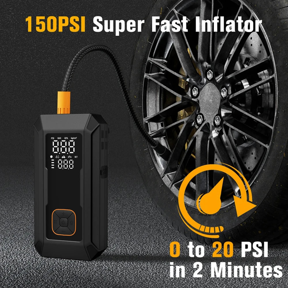 A black 150PSI super fast inflator device is shown connected to a tire, demonstrating rapid inflation from 0 to 20 PSI in 2 m