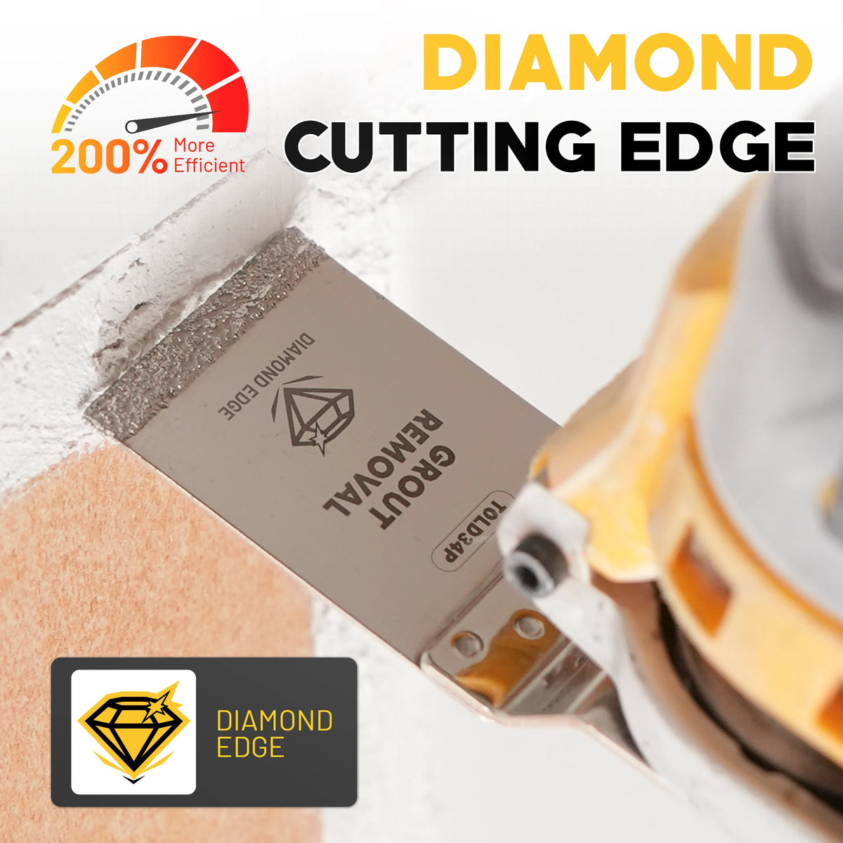 Close-up of a diamond cutting edge tool used for grout removal and mortar cleaning on a hand.