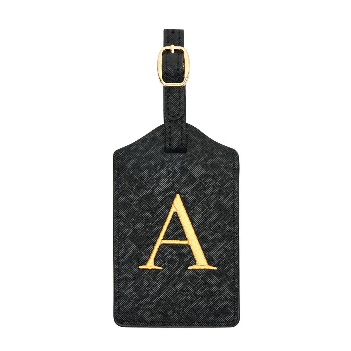 Black PU leather luggage tag with a gold letter A and a black privacy cover.