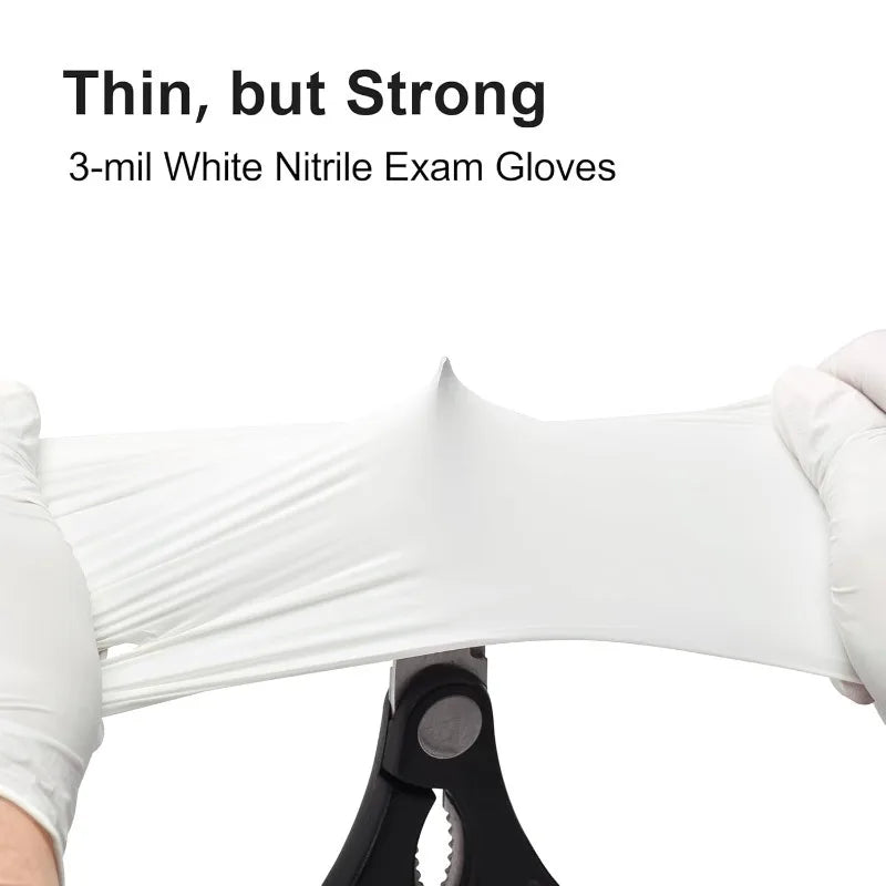 A pair of white nitrile exam gloves is being stretched out by a pair of white gloves.