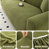 Close-up view of a textured olive green Corduroy fabric used for a sofa cover, showing the ribbed texture and elastic band de
