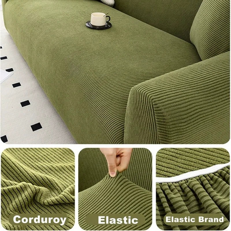 Close-up view of a textured olive green Corduroy fabric used for a sofa cover, showing the ribbed texture and elastic band de