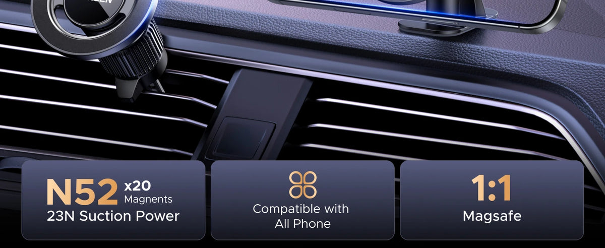 A close-up view of a magnetic car phone mount featuring an N52 magnet and 1:1 MagSafe compatibility.