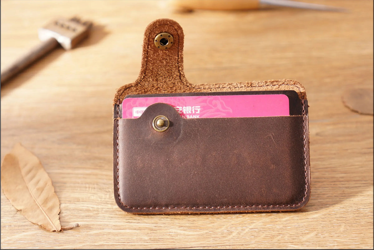 Vintage Leather Slim Card Holder with Snap Closure