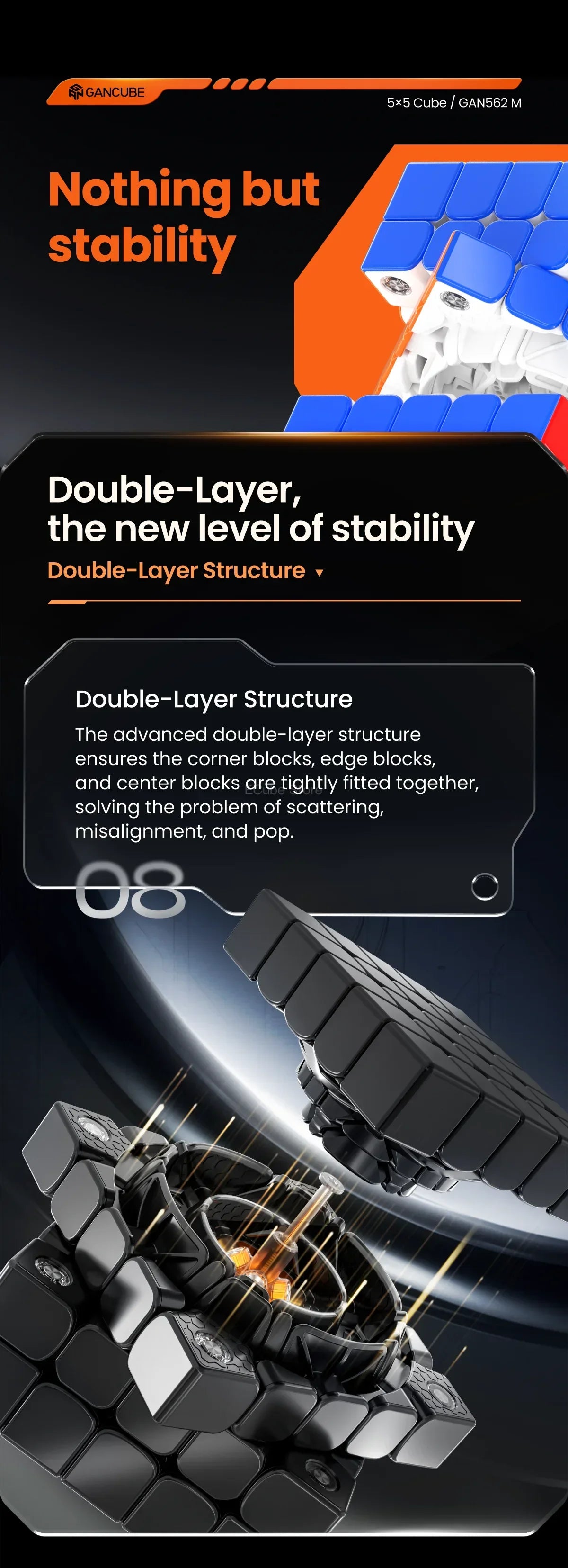 Close-up of a black magnetic cube with gold accents showing its double-layer structure and stability features.