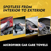 Microfiber car care towels demonstrating spotless cleaning from interior to exterior.