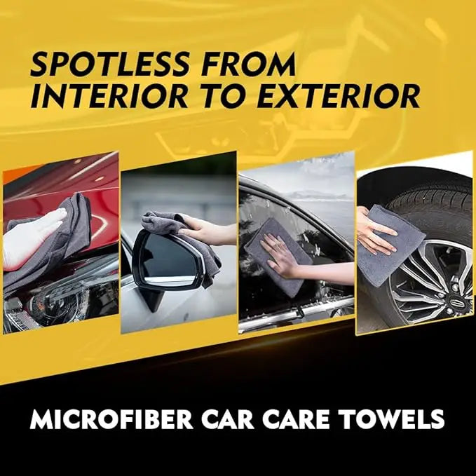 Microfiber car care towels demonstrating spotless cleaning from interior to exterior.