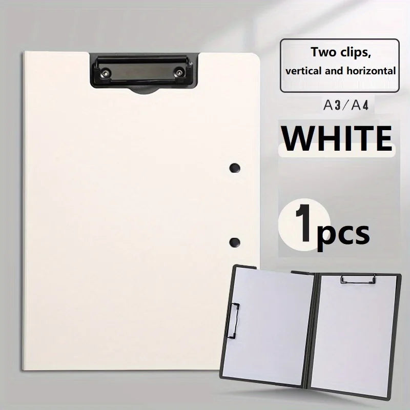 A white A3/A4 clip folder with two clips for vertical and horizontal filing.