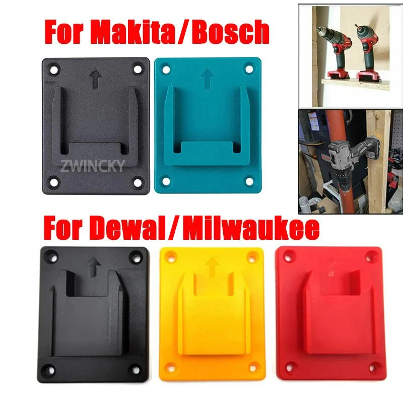 Wall-mount battery holders for Makita, Bosch, Dewalt, and Milwaukee power tools in various colors.