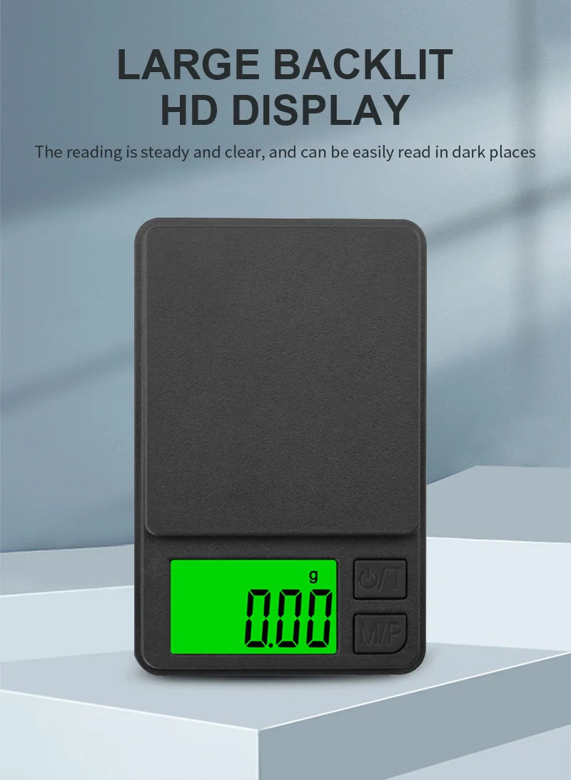 A black pocket digital scale with a bright green backlit display showing 0.00 and MP and power buttons.