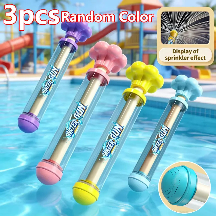 Three random color pull-action water guns displayed in a swimming pool setting.