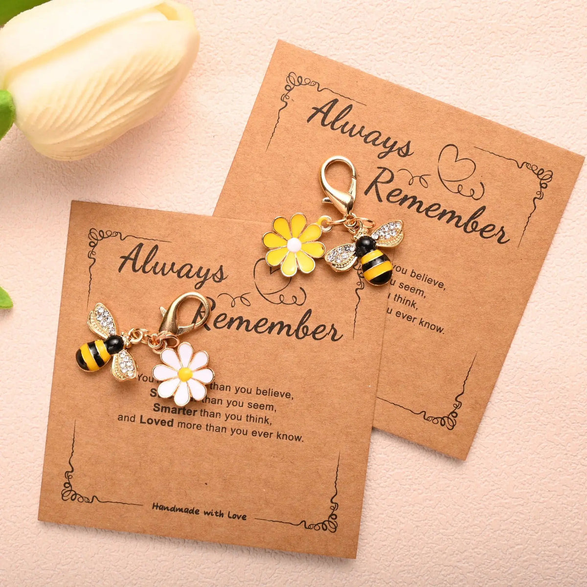 Floral Blessing Card Keychain with Bee Motif