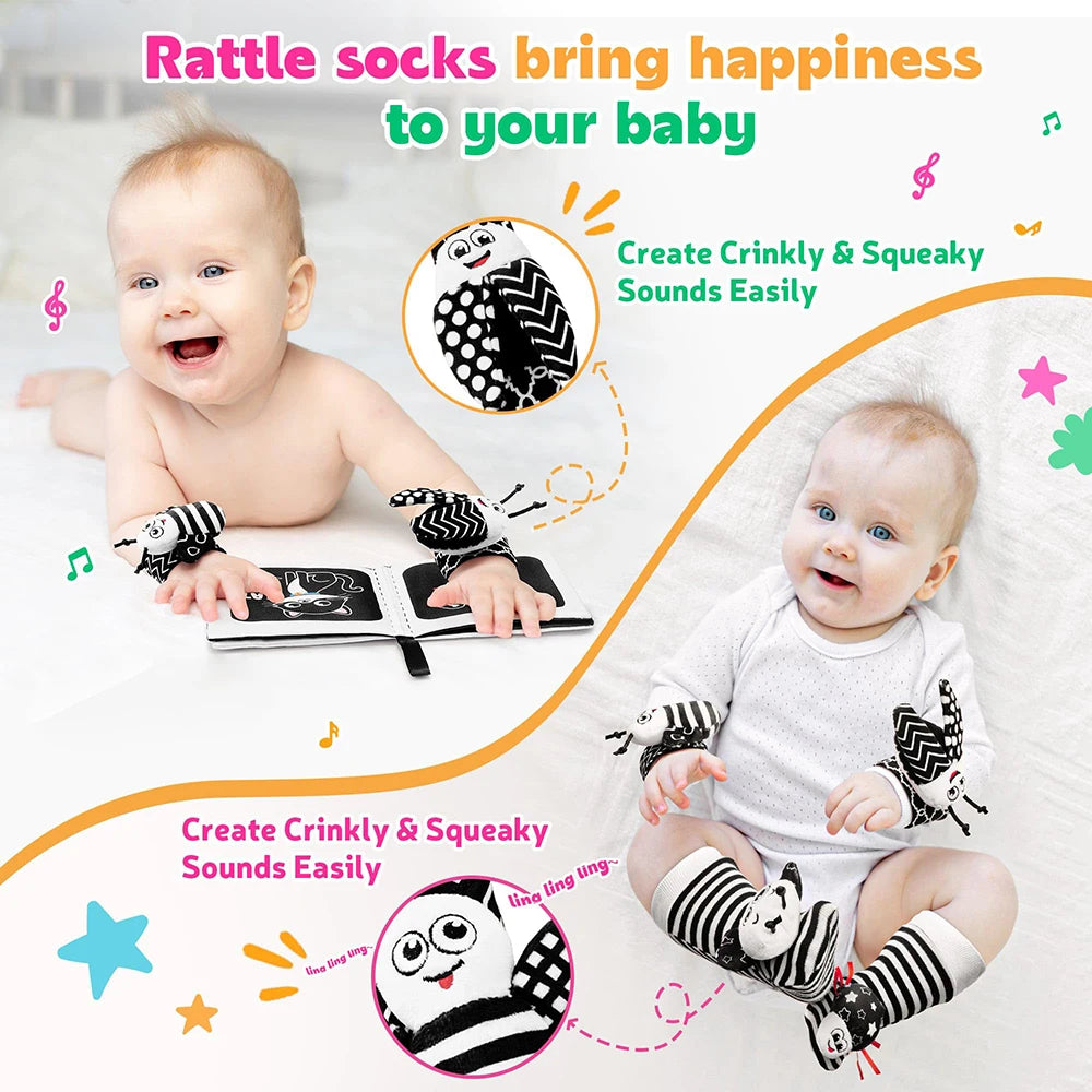 A baby is shown using a rattle set with wrist and foot finders to create crinkly and squeaky sounds.