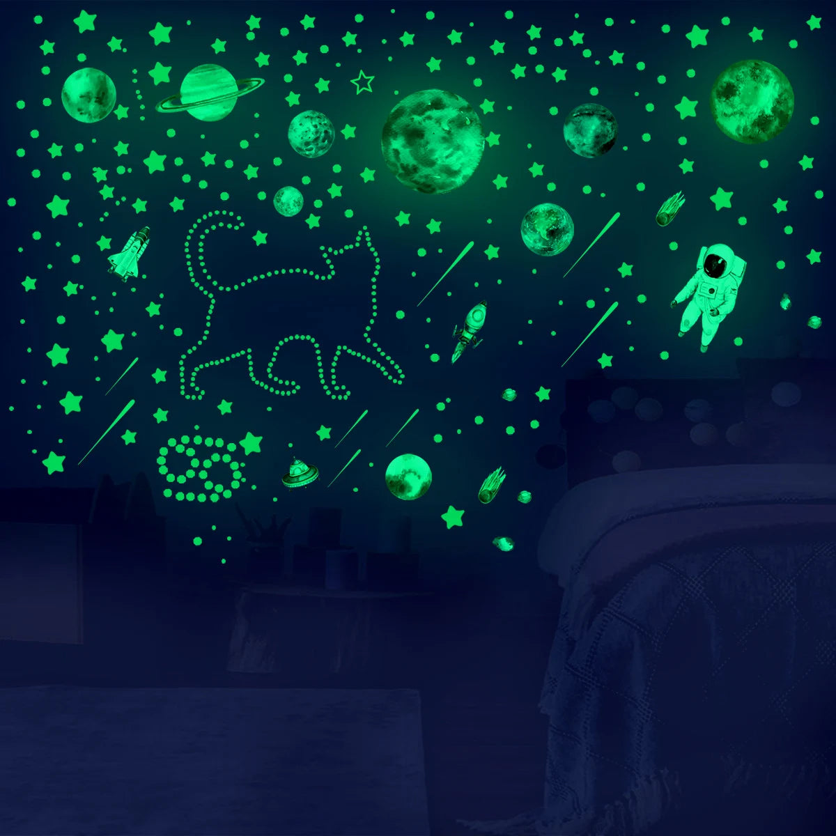 A dark room decorated with glowing green stars, planets, and a silhouette of a cat on the wall.