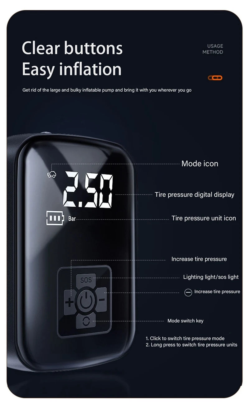 Cordless Rechargeable Tire Inflator with Digital Pressure Gauge