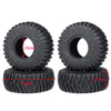 A set of black mud terrain wheels and tires for RC crawlers, showing the tire and wheel components.