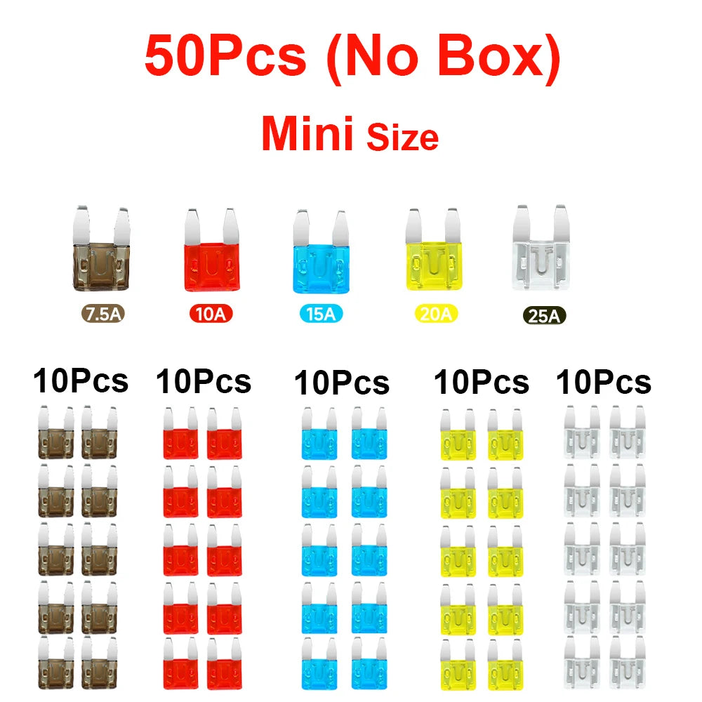 Assortment kit of car blade fuses in various sizes including 7.5A, 10A, 15A, 20A, and 25A.