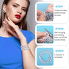 A woman demonstrates the three steps of making a bracelet using acrylic alphabet letter beads and thread.