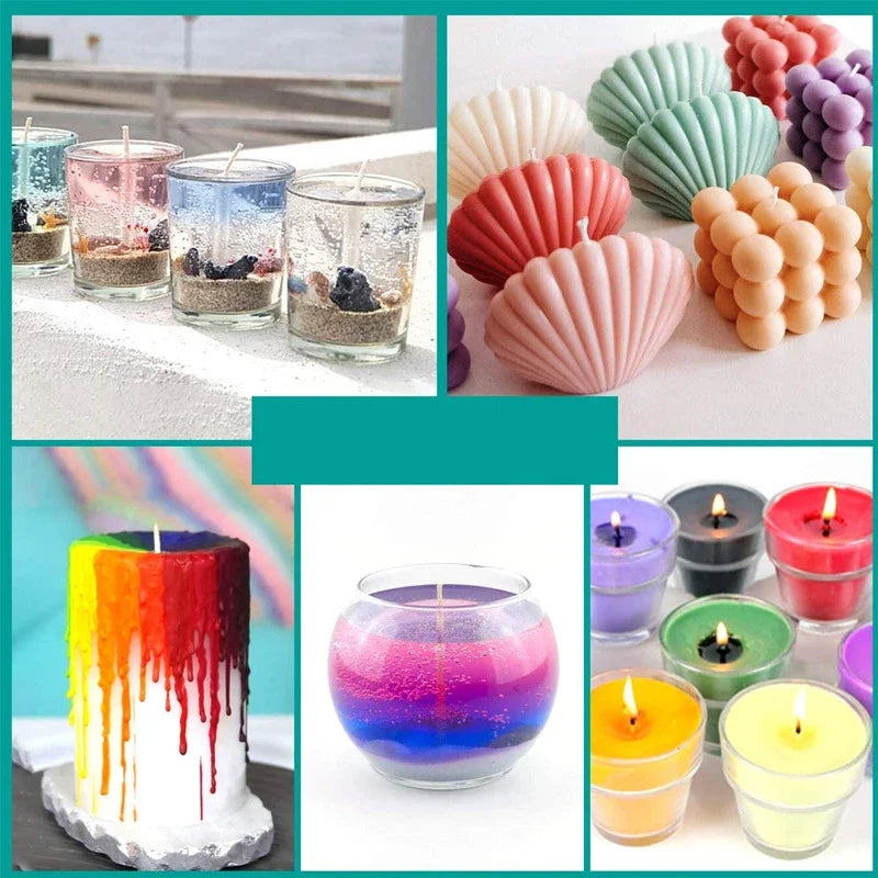 A collection of colorful wax candles and candle making supplies including dyed soy, beeswax, and soap making materials.