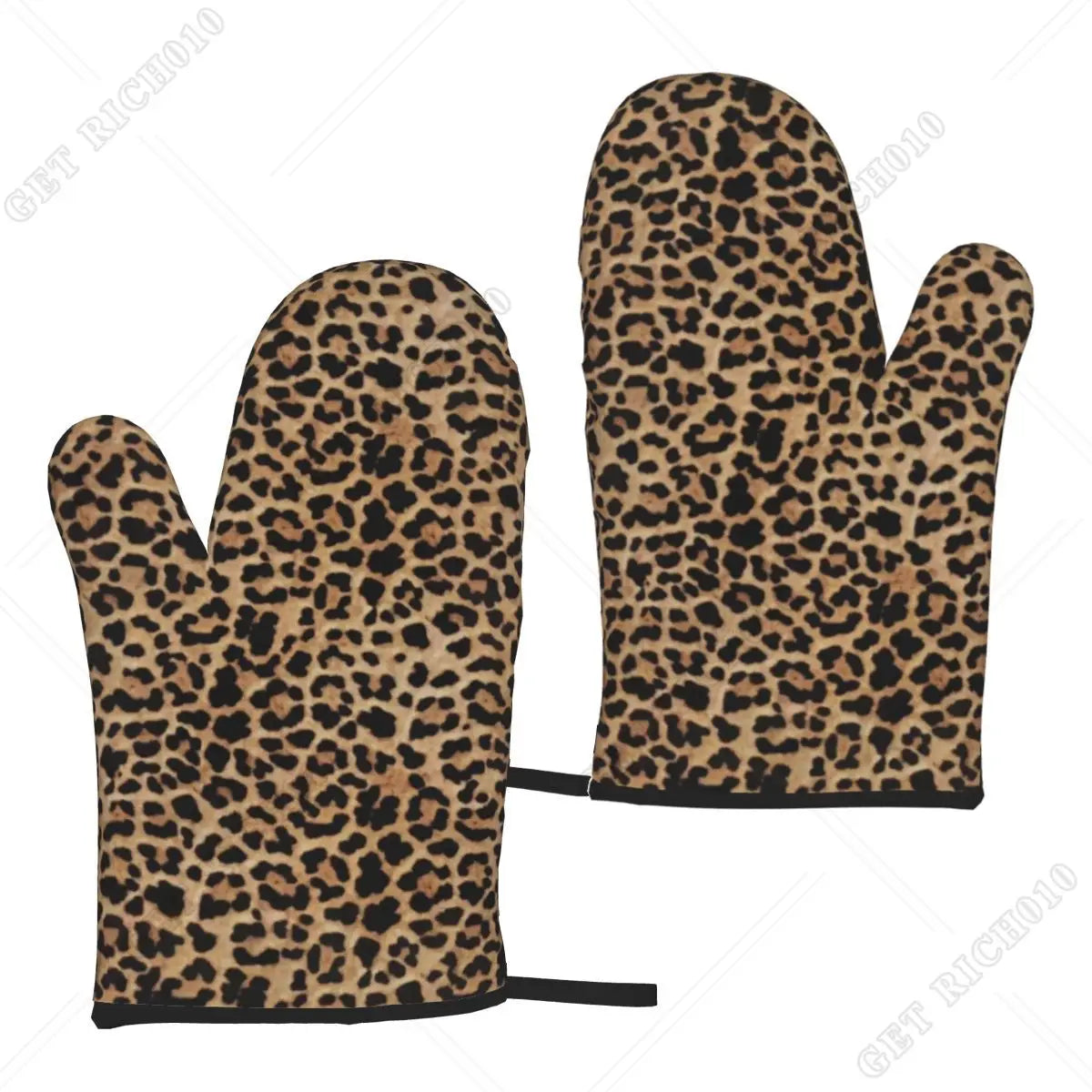 A pair of brown and black leopard print oven gloves.