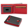A red leather bifold wallet with RFID protection features shown in two views.