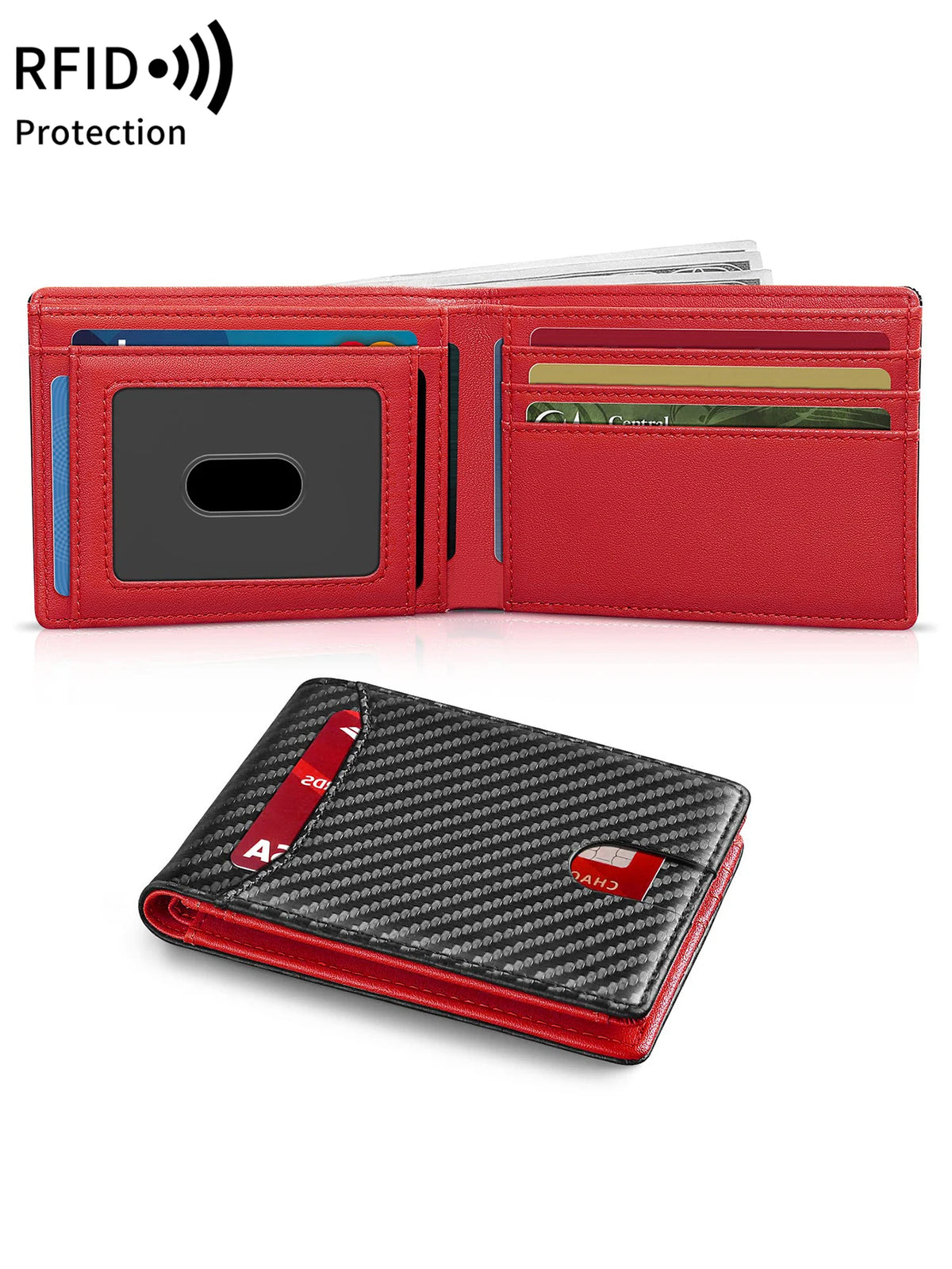 A red leather bifold wallet with RFID protection features shown in two views.