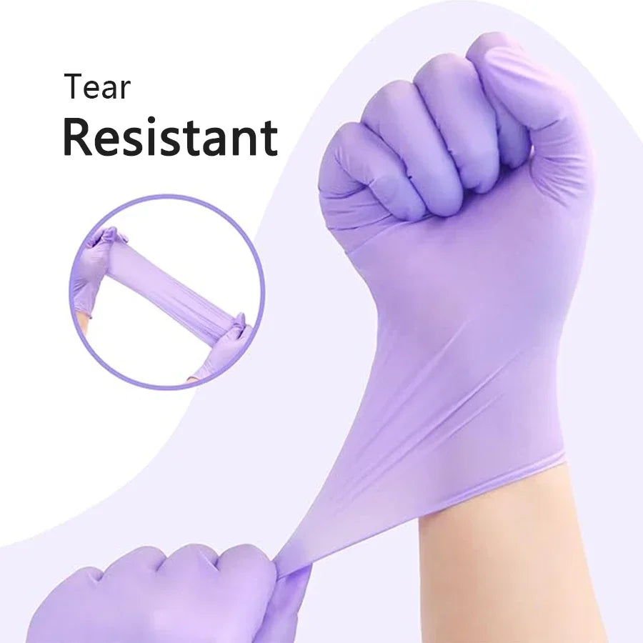 A hand wearing a purple disposable nitrile glove is shown, emphasizing tear resistance.