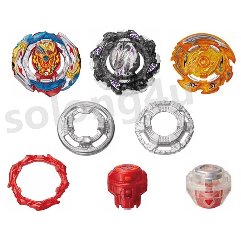 A collection of metal battle spinning tops and related components, including various colored tops and circular parts.
