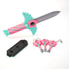A set of four pink and teal dagger key necklaces with silver charms and a green blade.