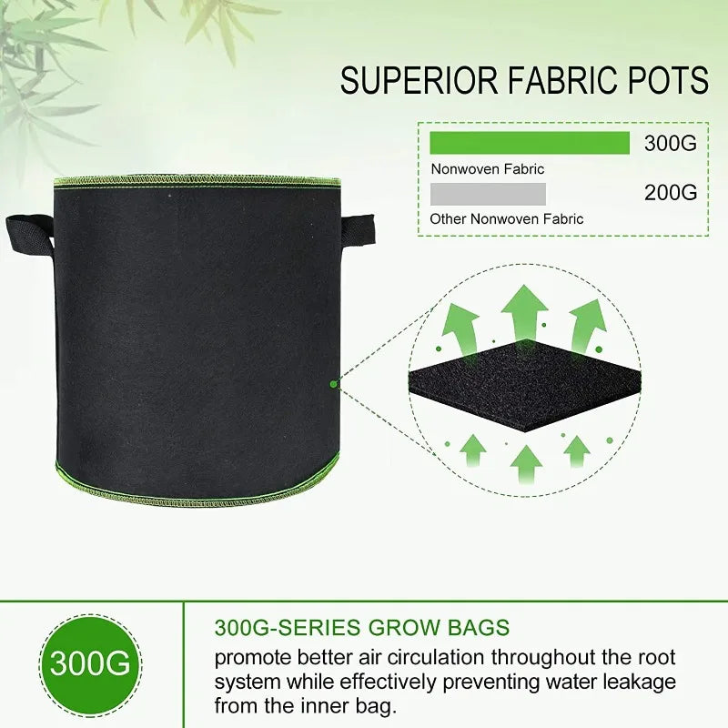 Black superior fabric grow bags with a green trim, designed to promote air circulation and prevent water leakage.