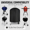 A black waterproof cover is shown alongside various round charcoal grills, demonstrating universal compatibility.