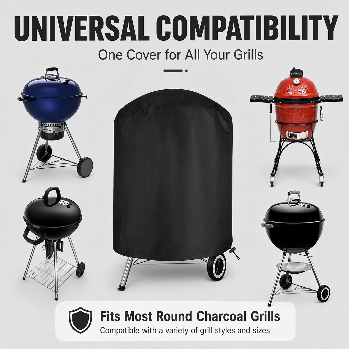 A black waterproof cover is shown alongside various round charcoal grills, demonstrating universal compatibility.