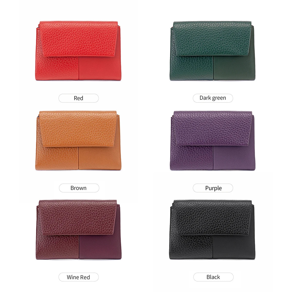 A collection of tri-fold wallets in various colors including red, dark green, orange, purple, brown, wine red, and black.