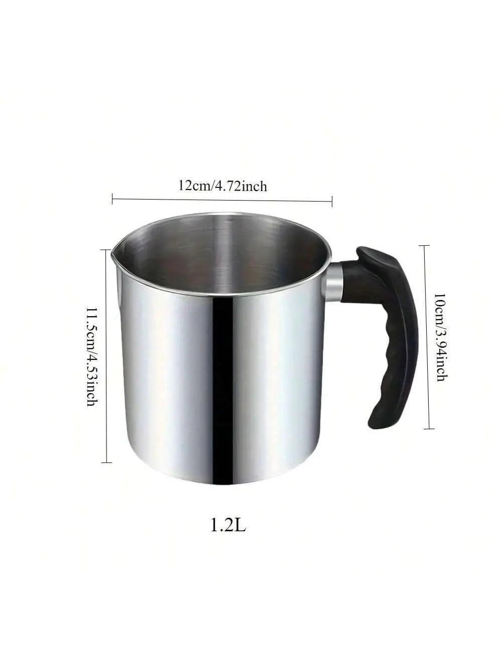 A stainless steel wax melting pitcher with a black heat-resistant handle, shown from the side.