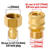 A set of brass adapters including a 7/8 inch quick connect and a 5/8 inch plug for pressure washer connections.