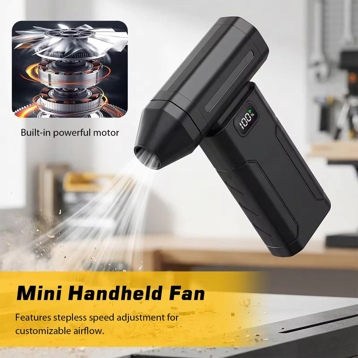 A black mini handheld fan with a powerful motor is shown blowing air, featuring stepless speed adjustment.