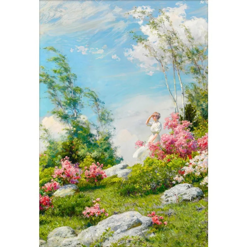 A painting depicting a serene landscape with pink and white flowers, lush green foliage, and a woman in a white dress standin