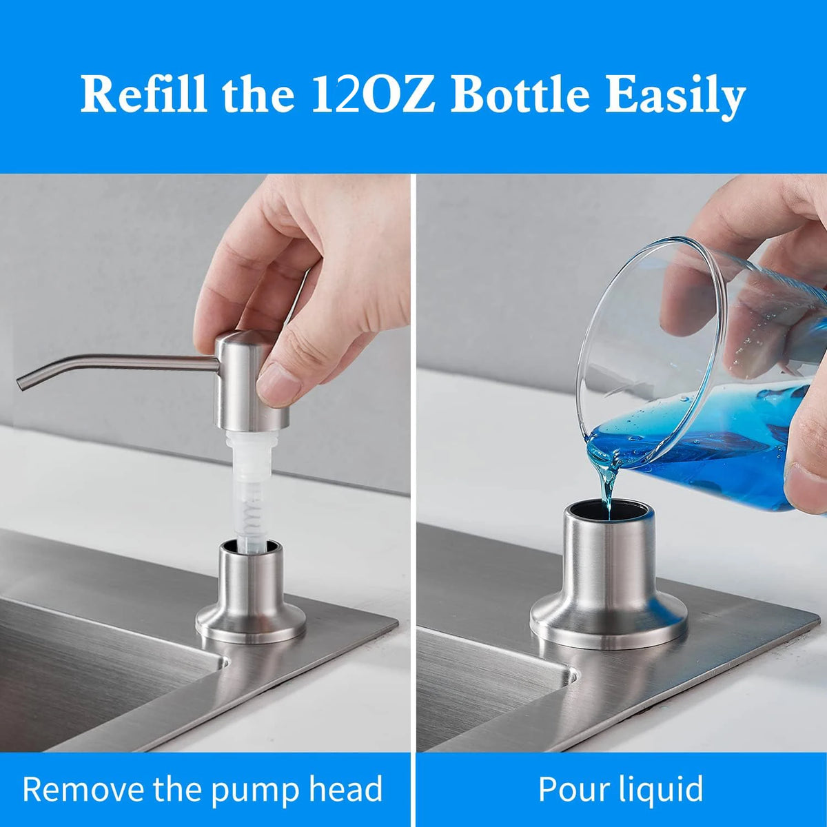 Demonstration des Nachfüllens einer 12-Unzen-Flasche mit einer Edelstahl-Flüssigseifenpumpenpumpe.