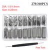 A clear plastic box containing 270 to 360 stainless steel watch spring bar pins and a free tool.