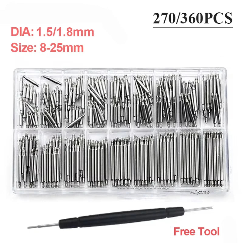 A clear plastic box containing 270 to 360 stainless steel watch spring bar pins and a free tool.