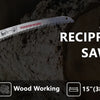 A close-up of an ARC edge reciprocating saw blade is shown next to a measuring tape, with text indicating wood working and bl