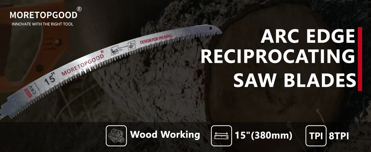 A close-up of an ARC edge reciprocating saw blade is shown next to a measuring tape, with text indicating wood working and bl