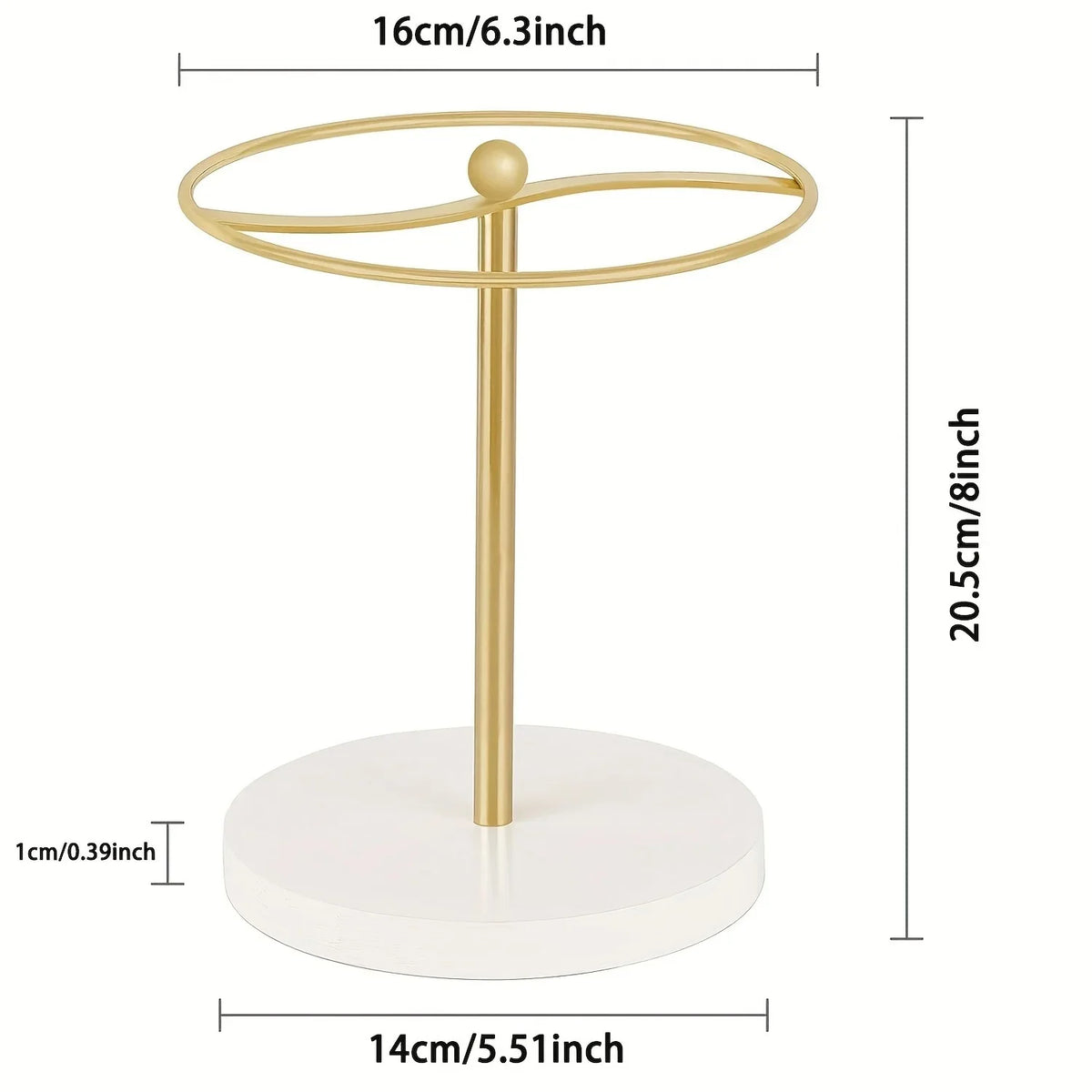 A gold-colored sunglasses organizer stand with a circular hoop and a white base.
