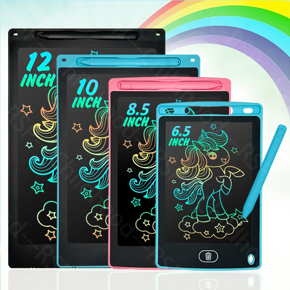 A set of four LCD writing tablets in black, blue, pink, and light blue are displayed against a rainbow background.