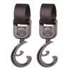 A pair of dark brown rotating stroller hooks designed for hanging bags and essentials.