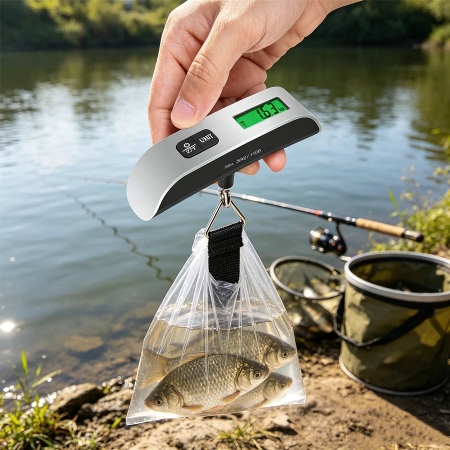 A hand holds a portable digital luggage scale with an LCD display above a clear bag containing fish.